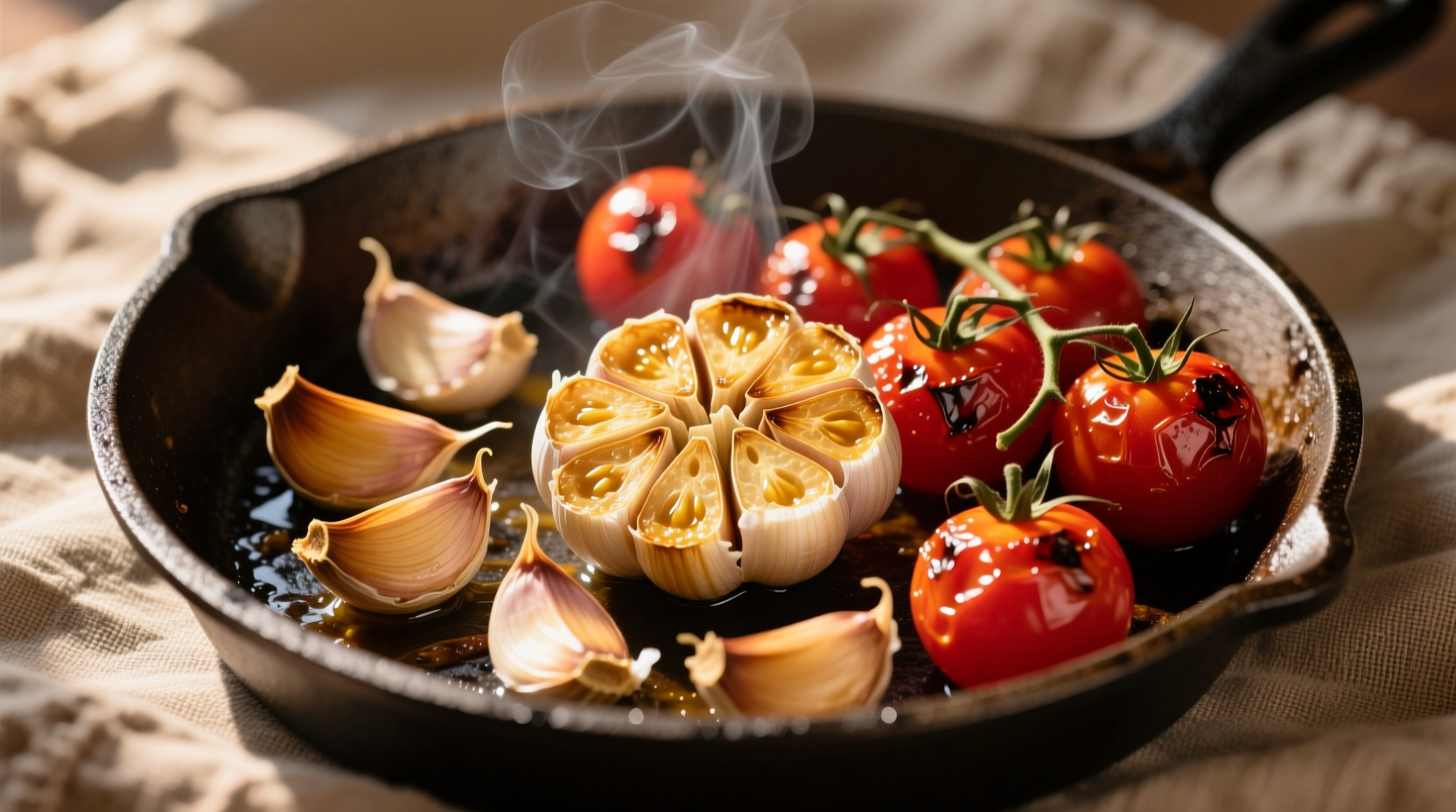 Roasted garlic cloves and cherry tomatoes on baking sheet