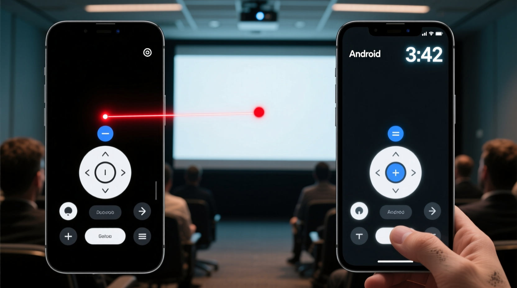 Side-by-side view showing an Android phone displaying a clean, minimal remote interface with active laser dot overlay on a projected slide, plus a visible 3:42 countdown timer in the top-right corner