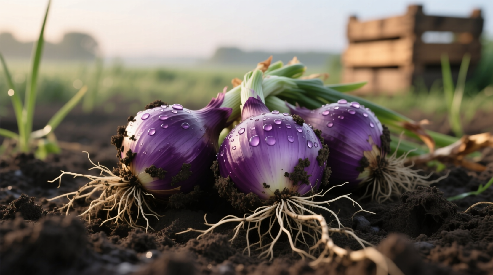 Freshly harvested purple onions with soil still clinging to roots