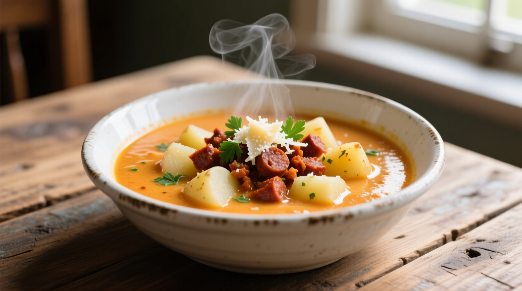 Creamy chorizo potato soup in white bowl