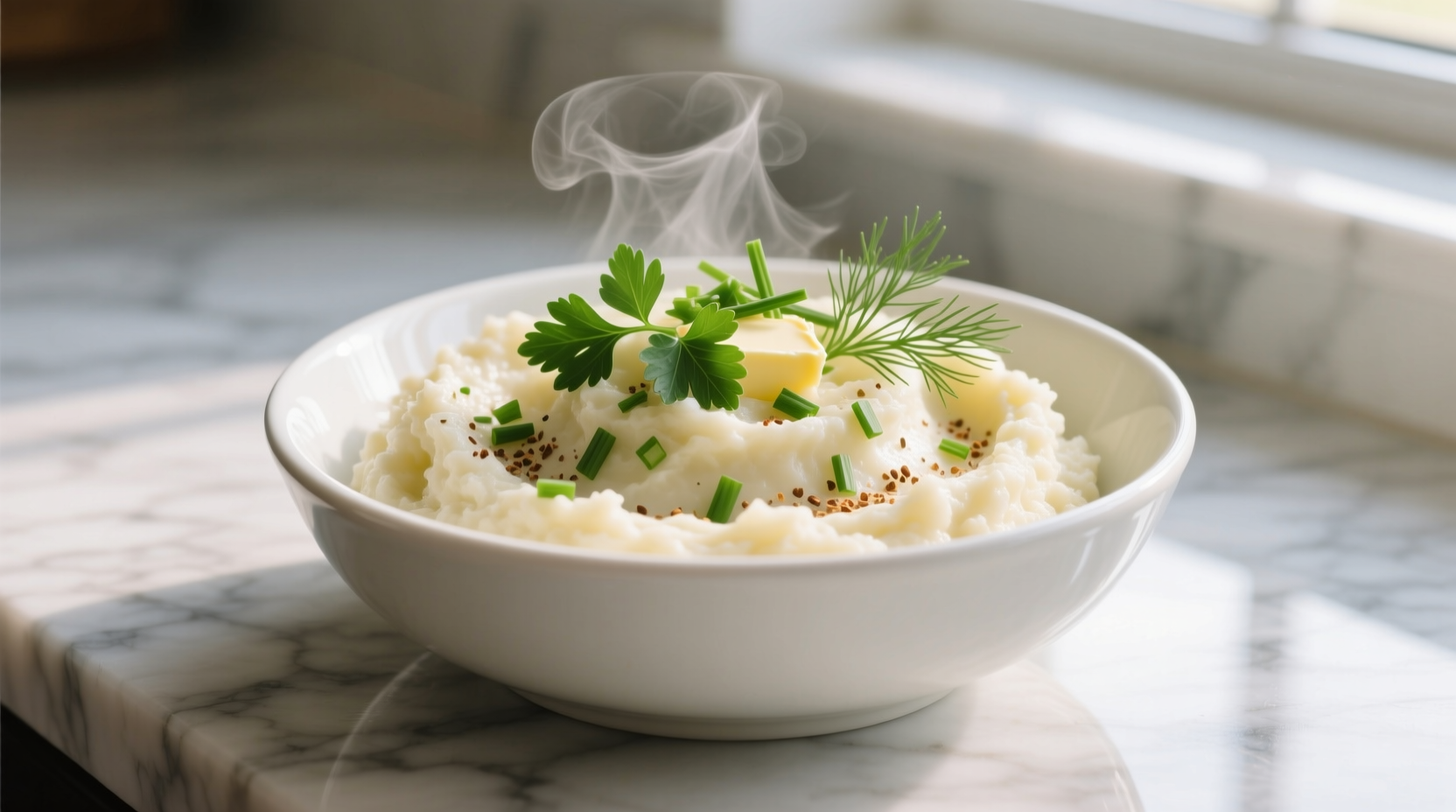 Creamy mashed cauliflower in white bowl with fresh herbs