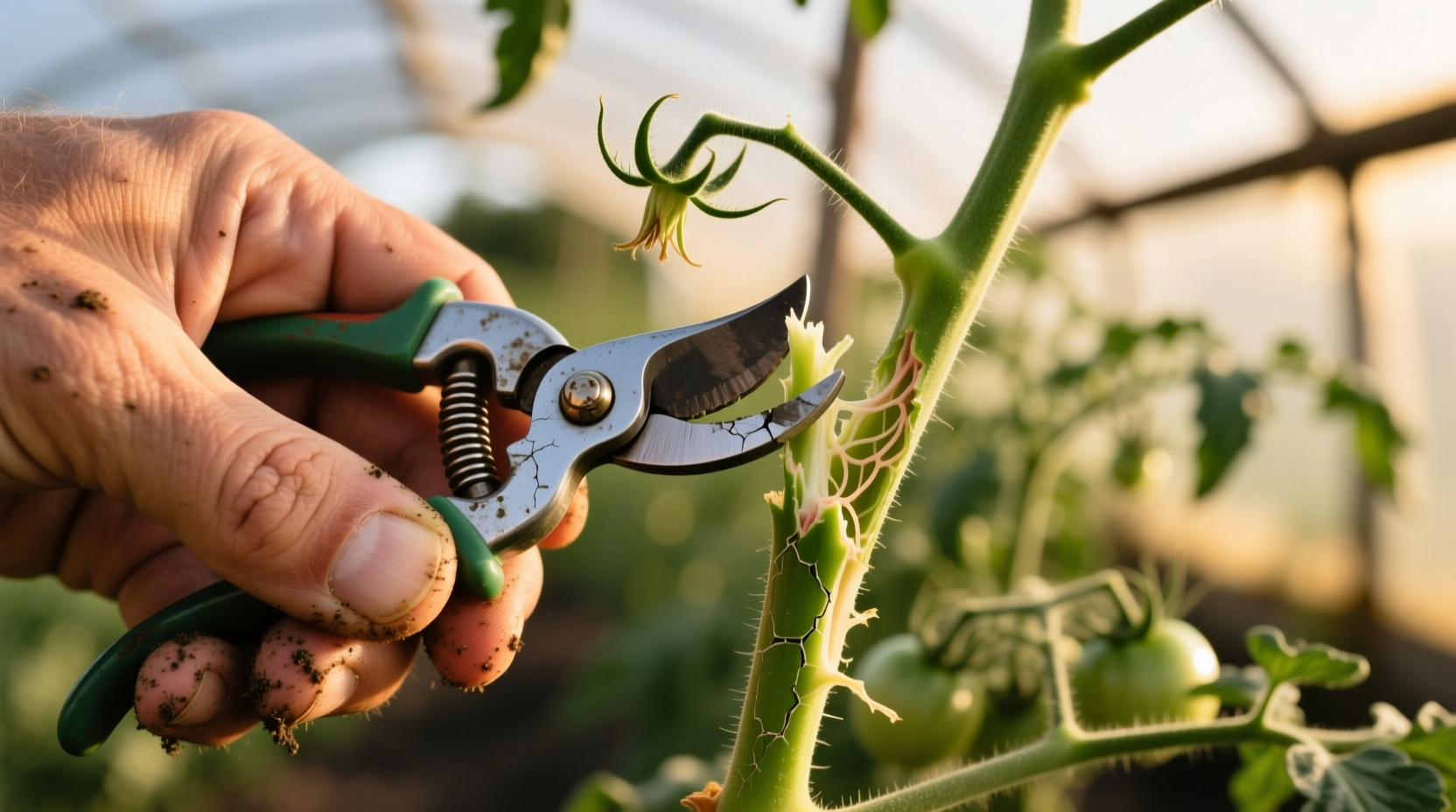 Close-up of hand pruning tomato suckers with clean cut