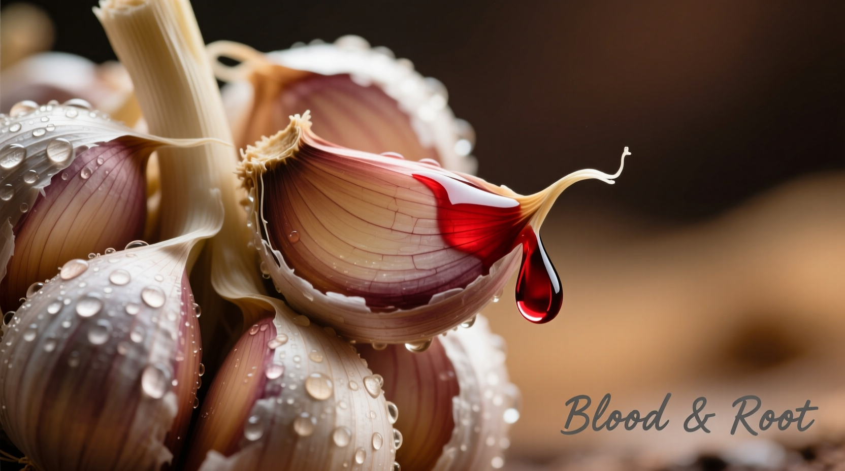 Fresh garlic cloves with blood droplet visualization