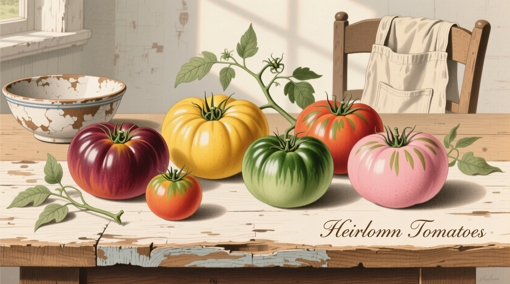 Colorful heirloom tomato varieties arranged on wooden table