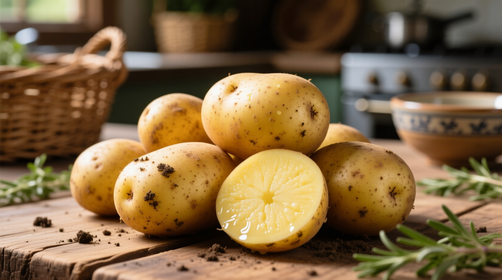 Fresh Yukon Gold potatoes with golden skin and yellow flesh
