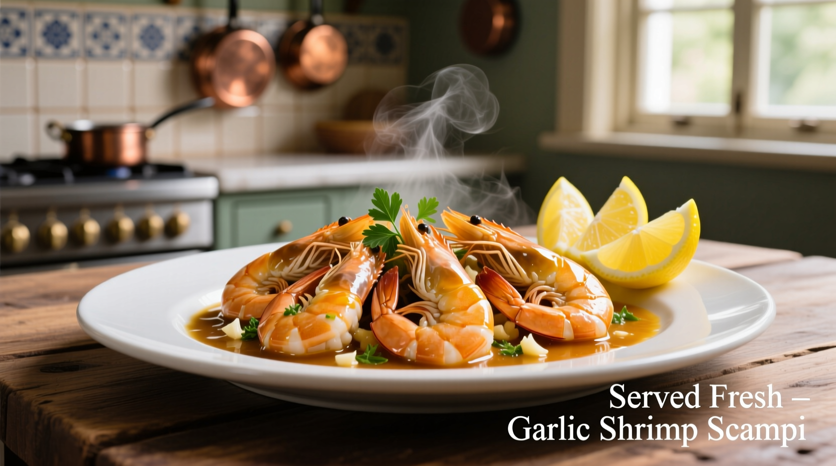 Perfectly cooked garlic shrimp scampi with lemon wedges