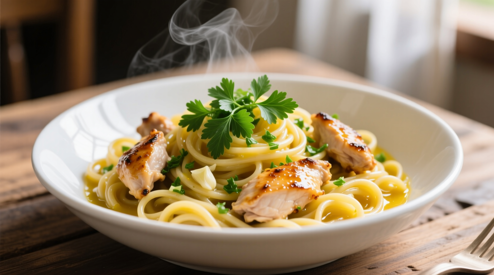 Lemon garlic chicken pasta served in white bowl with fresh parsley