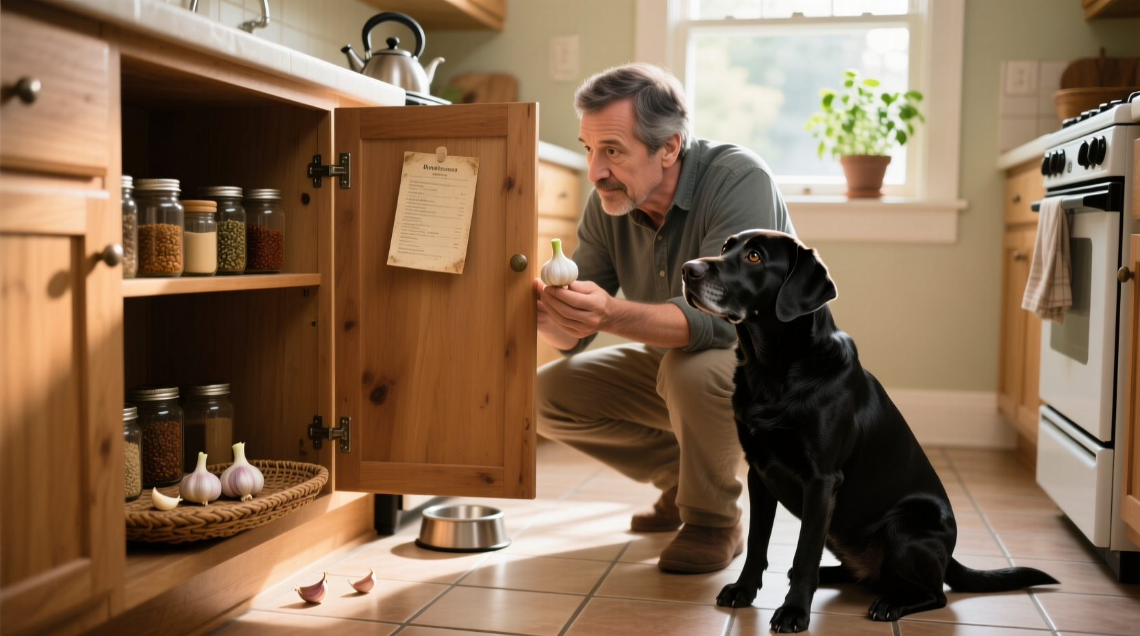 Dog owner checking garlic in kitchen cabinet