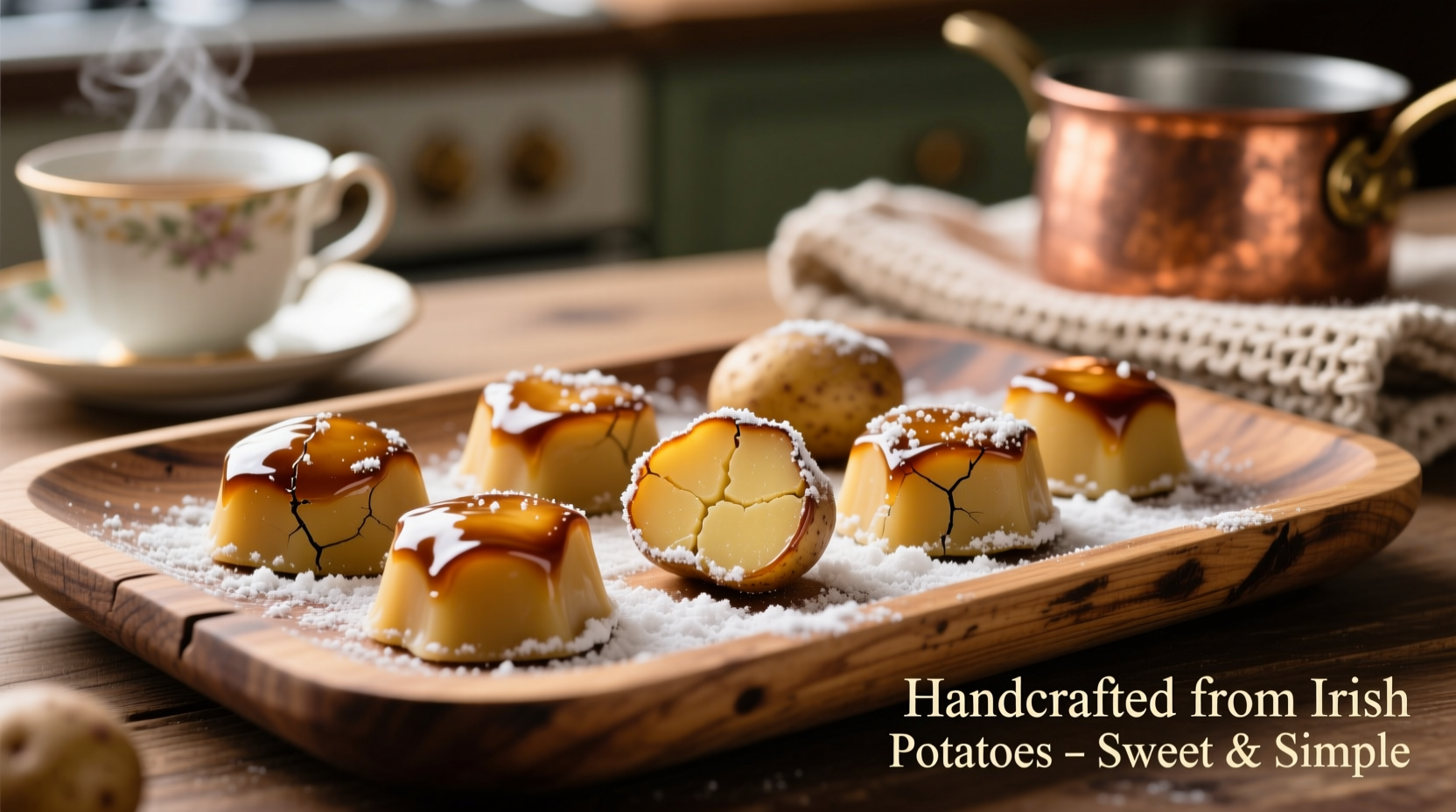 Homemade Irish potato candy on wooden tray