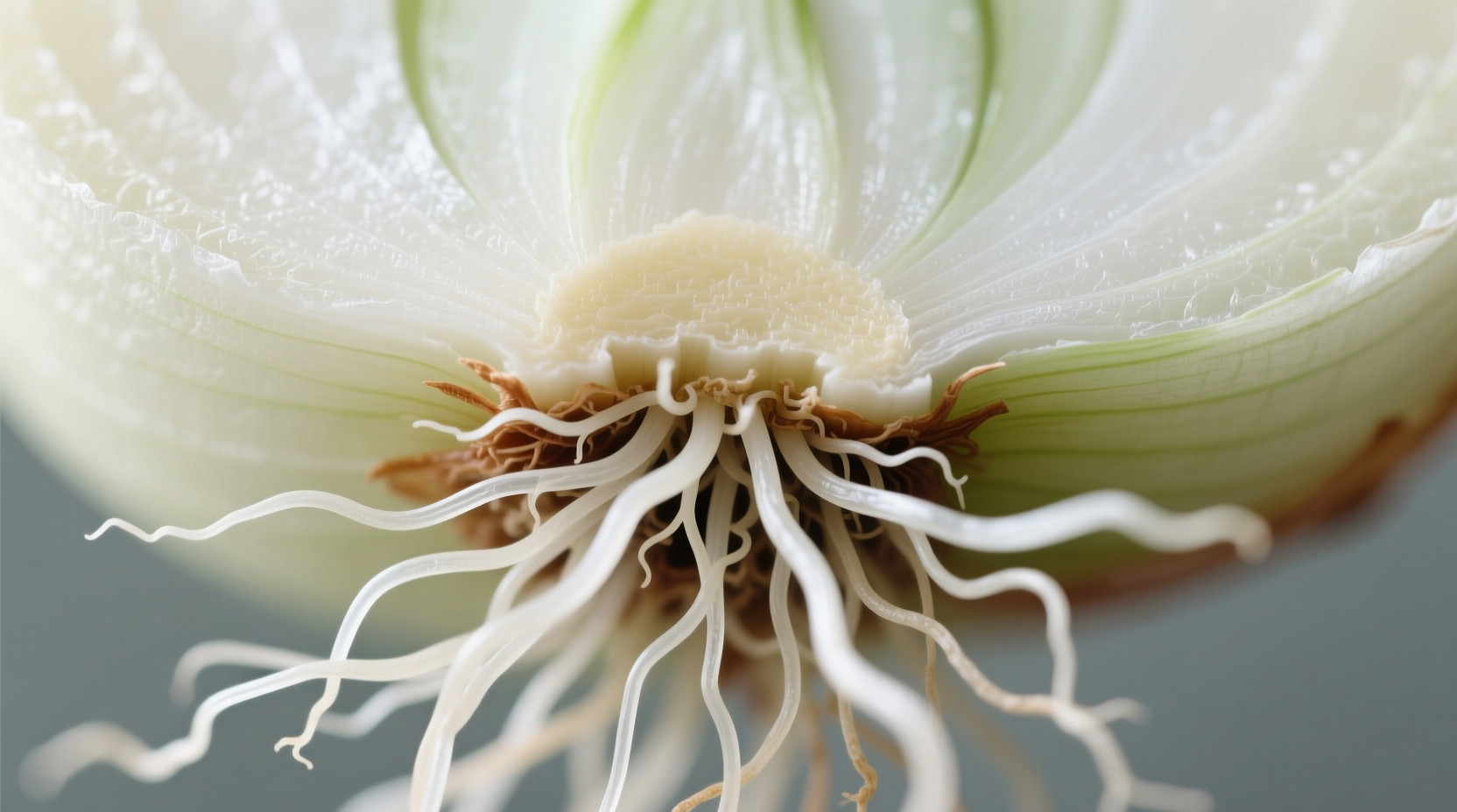 Close-up of onion basal plate with roots