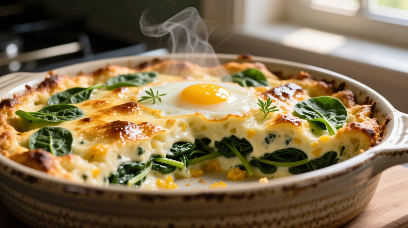 Creamy egg and spinach casserole with golden top