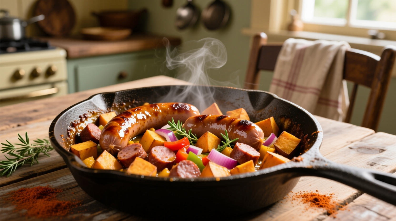 Golden brown sausage sweet potato hash in cast iron skillet