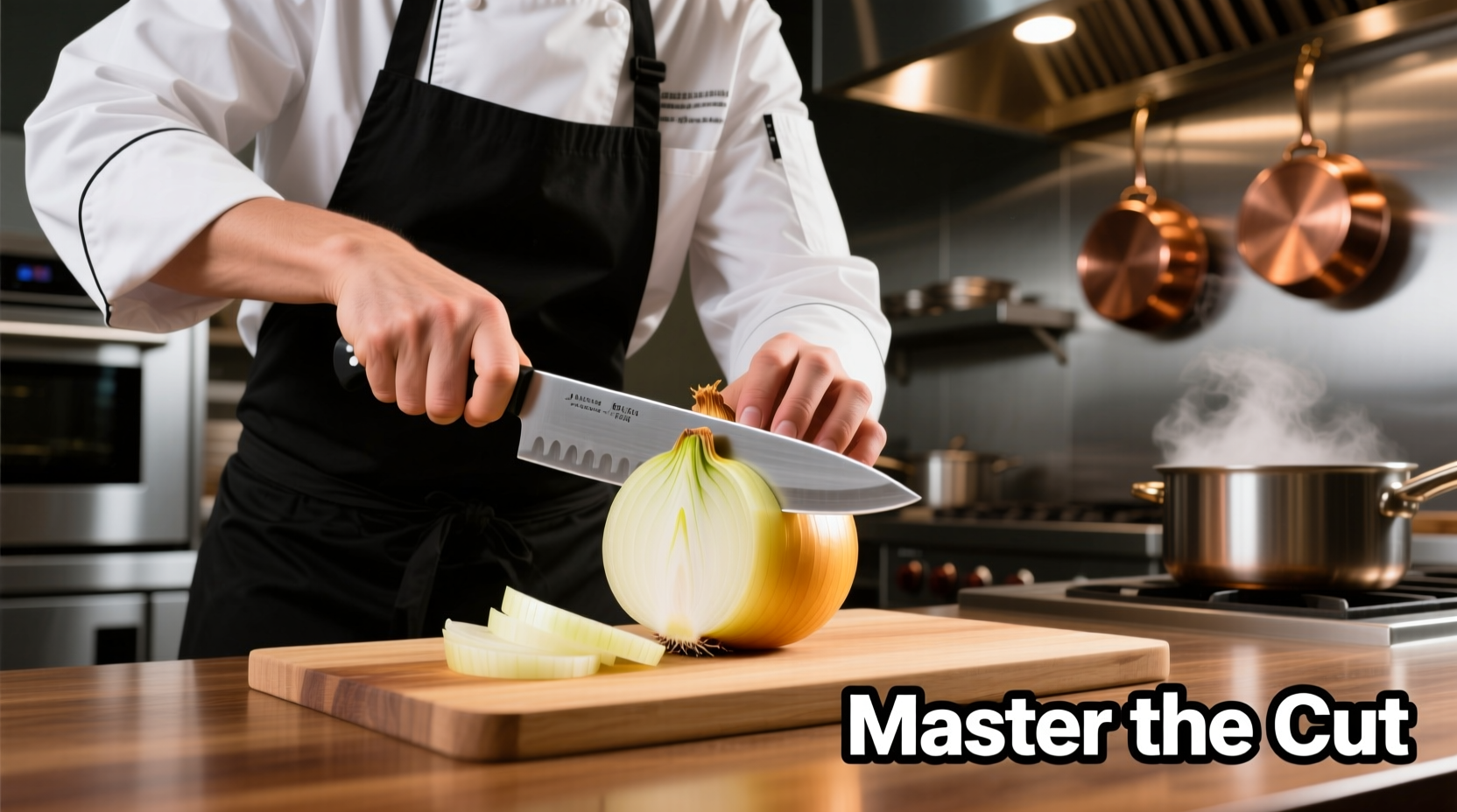 Professional chef demonstrating proper onion cutting technique with sharp knife