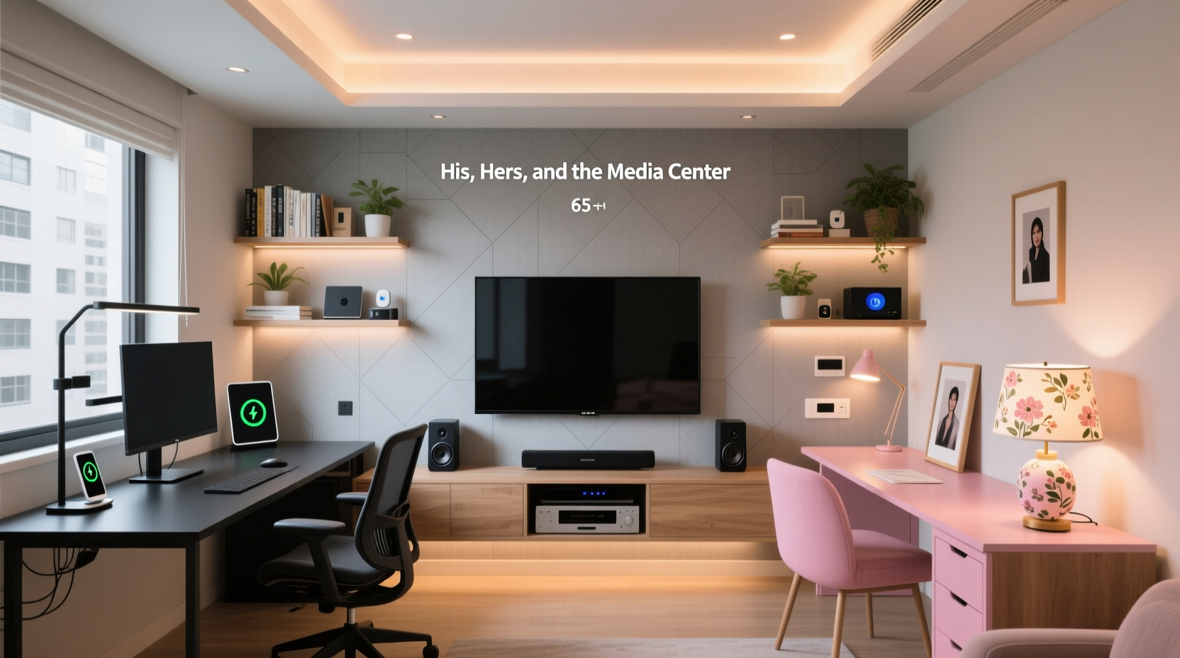 His Hers and the Media Center: A Compact Home Office Built for Tech Efficiency