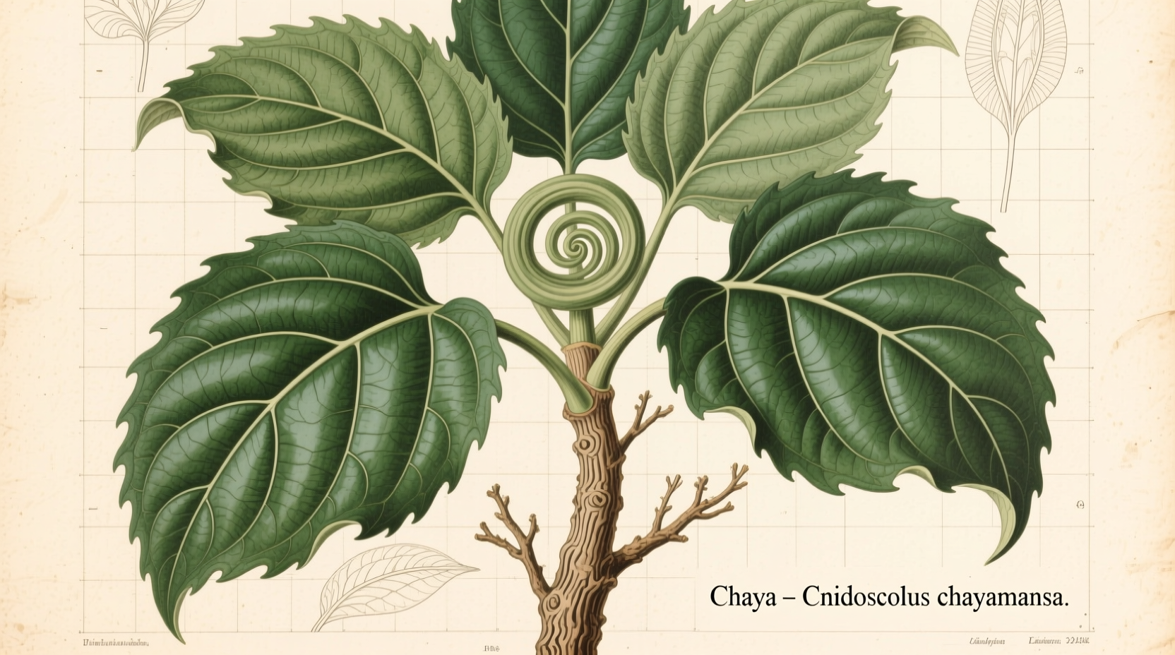 Chaya plant showing large green leaves and woody stem