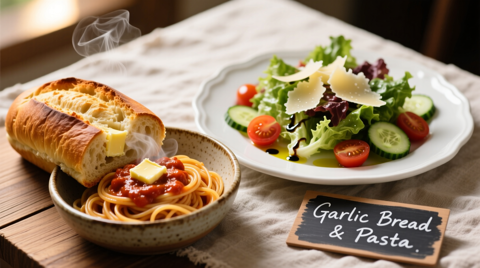 Garlic bread served with pasta and salad