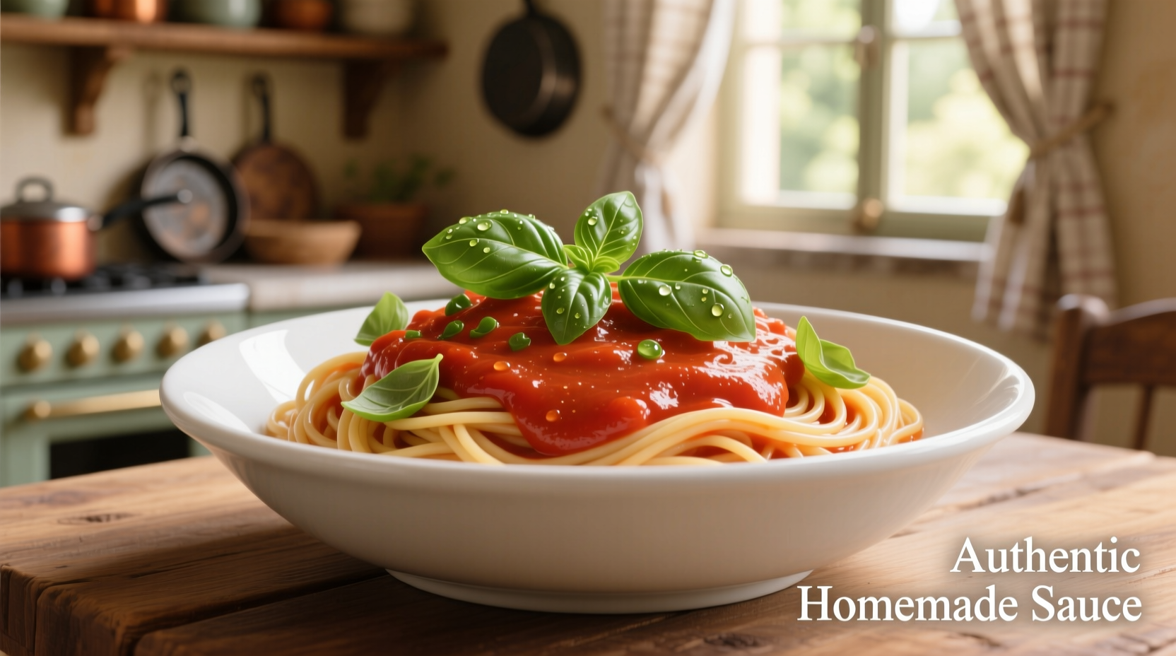 Creamy tomato spaghetti sauce in white bowl with fresh basil