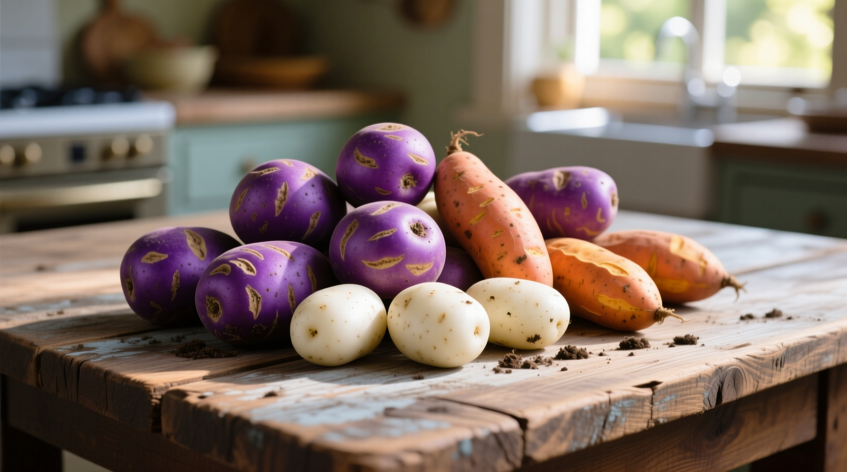 Colorful array of purple, sweet, and white potatoes on wooden table