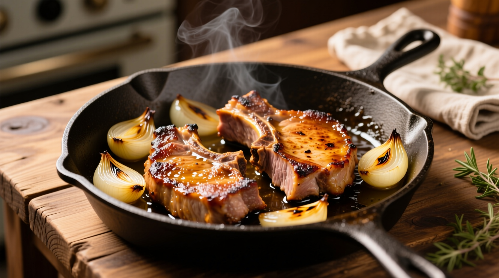 Golden brown pork chops with caramelized onions in cast iron skillet