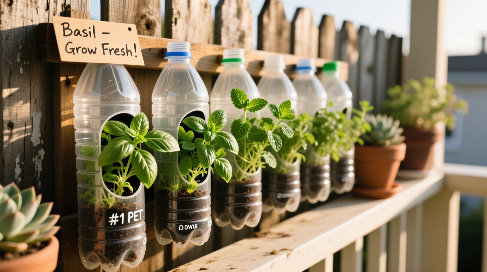 Recycled plastic bottle planters with herbs