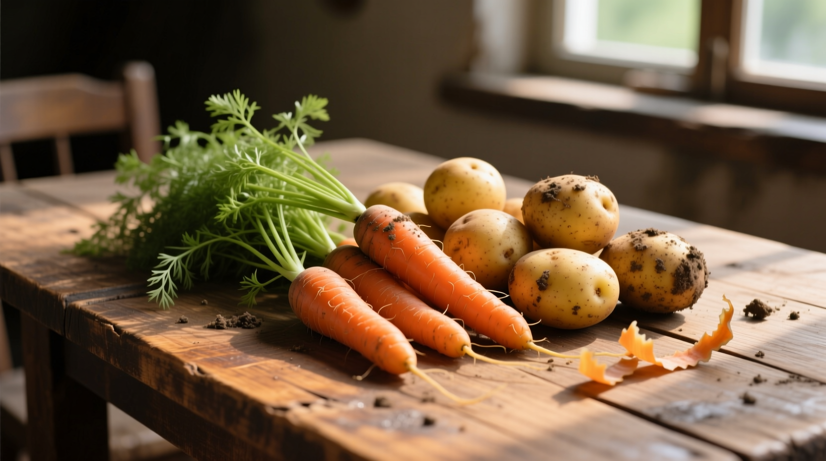 Fresh carrots and potatoes on wooden table