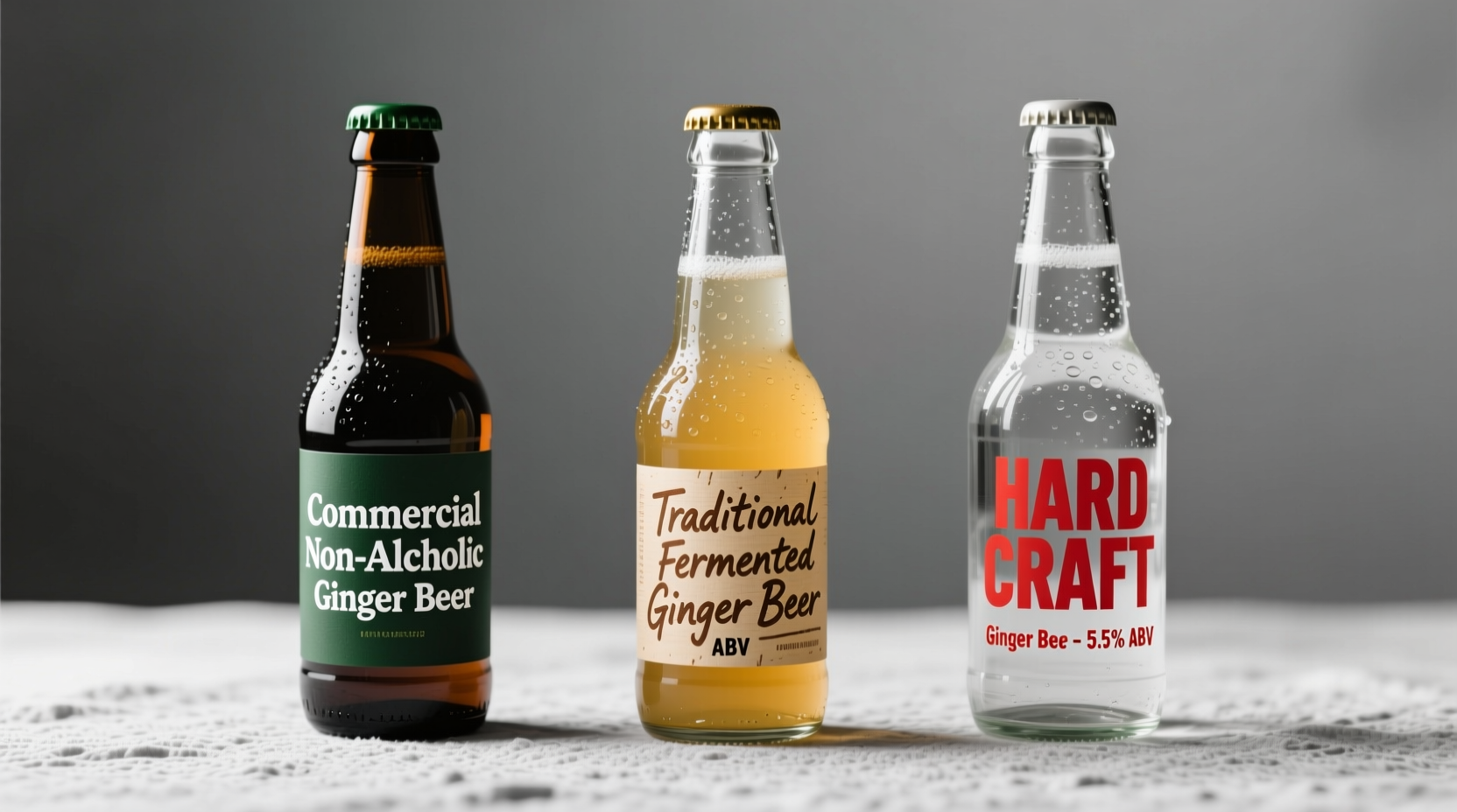 Three ginger beer bottles side by side: commercial non-alcoholic, traditional fermented, and hard craft version with clear ABV labels