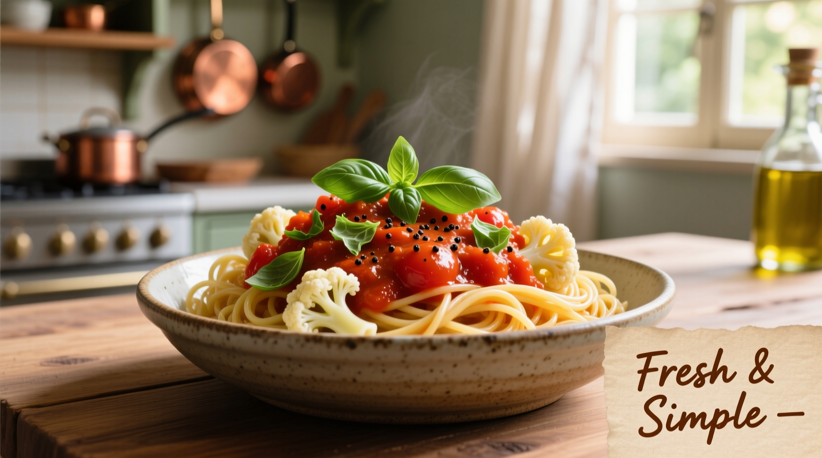 Fresh cauliflower pasta with tomato basil sauce