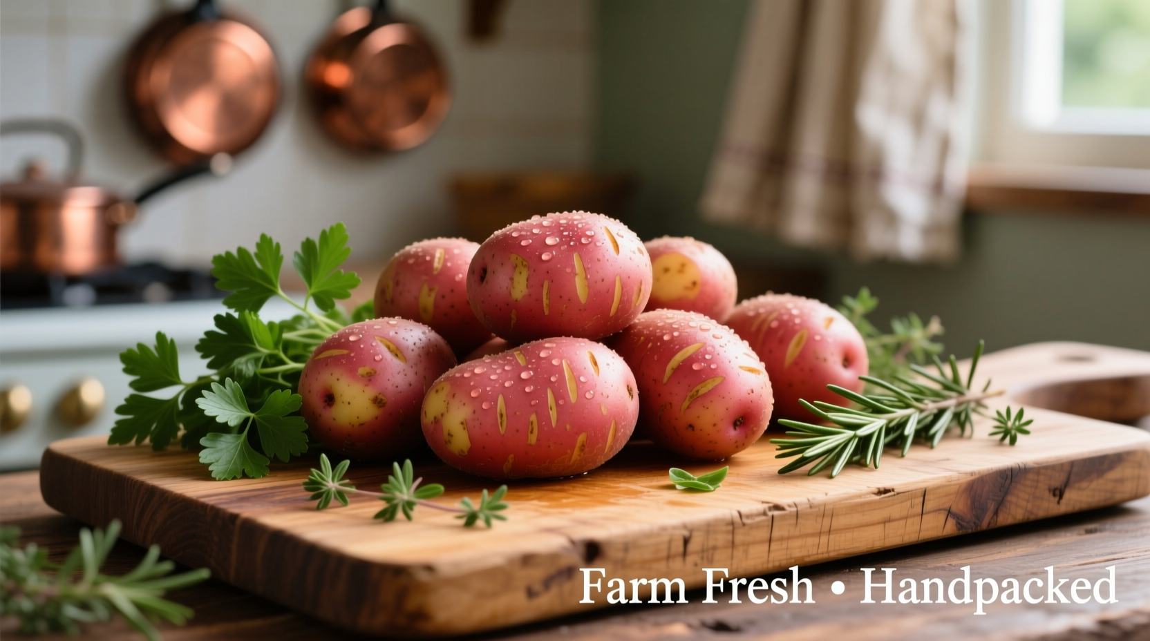 Fresh redskin potatoes with herbs on wooden cutting board