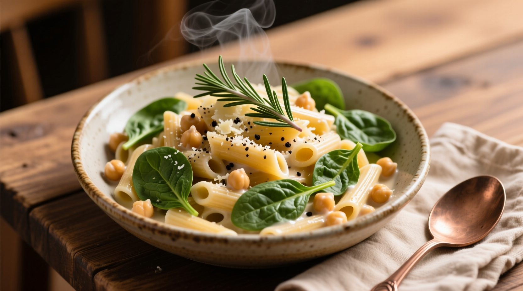 Creamy Chickpea Pasta with Spinach & Rosemary Recipe