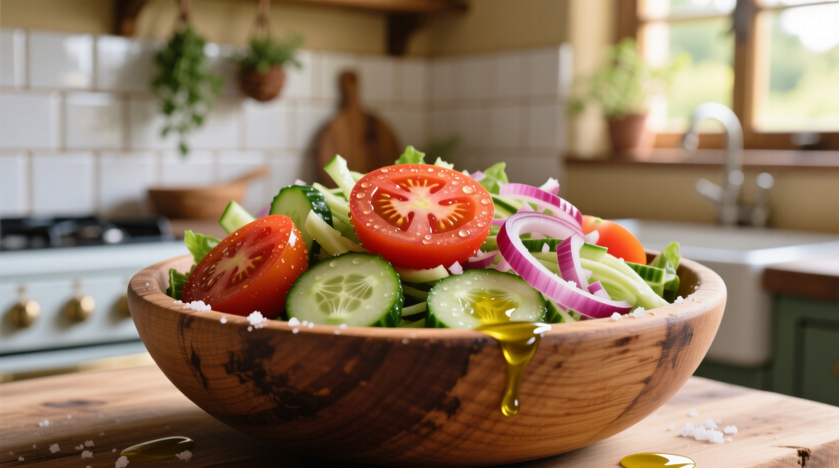 Fresh tomato cucumber red onion salad in wooden bowl