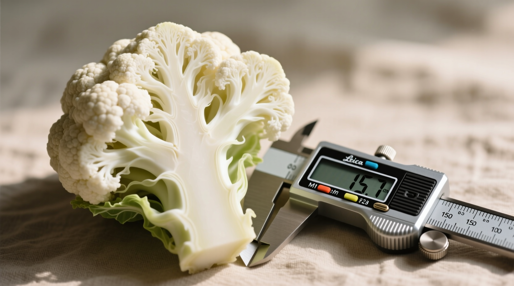 Raw cauliflower head next to measuring scale