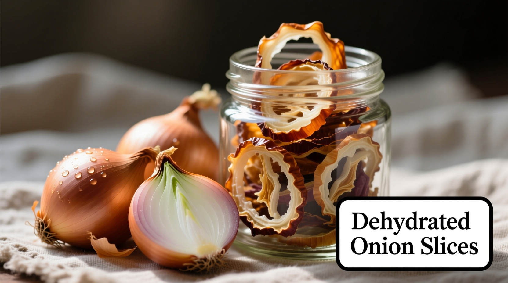 Dehydrated onion slices in glass jar with fresh onions