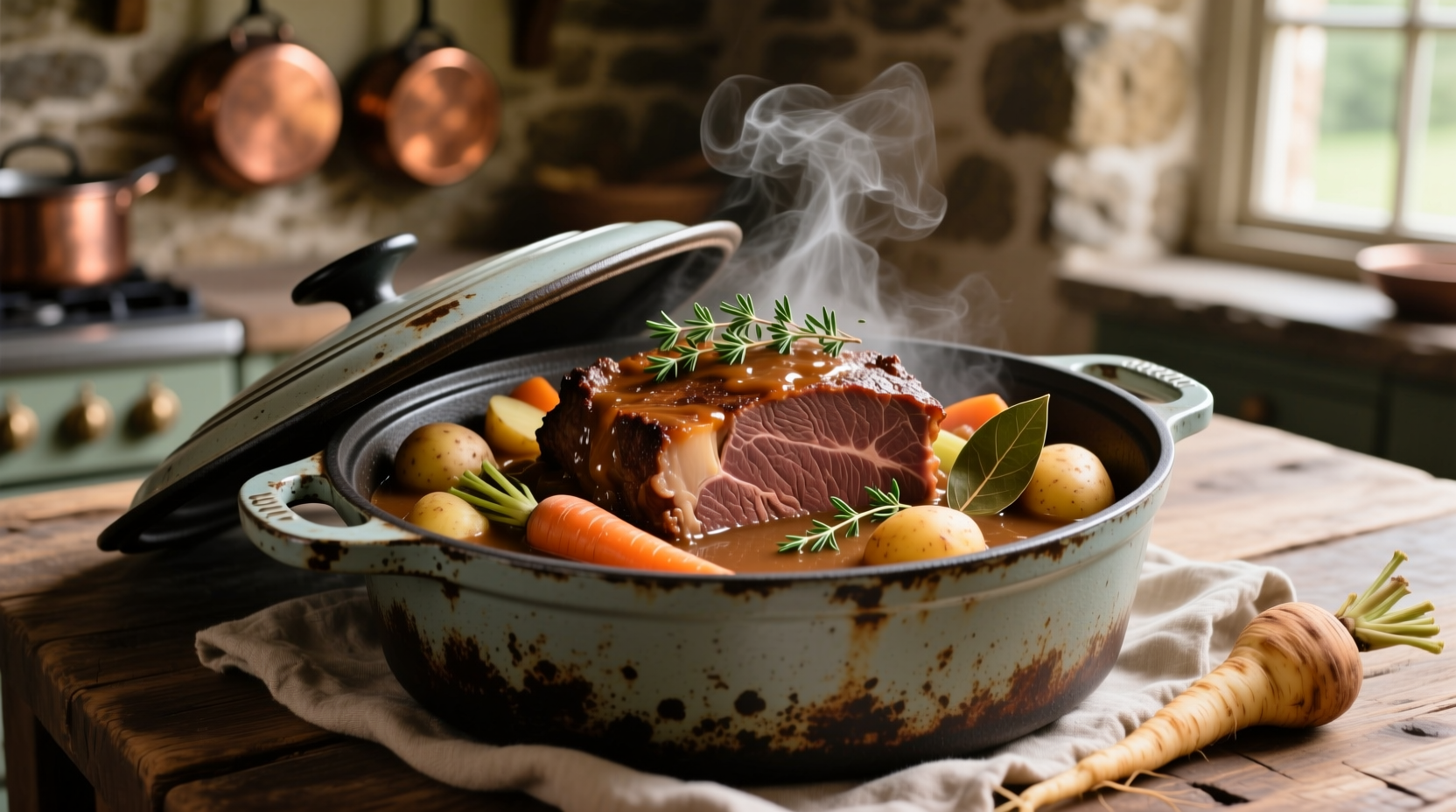 Fork-tender pot roast with vegetables in cast iron