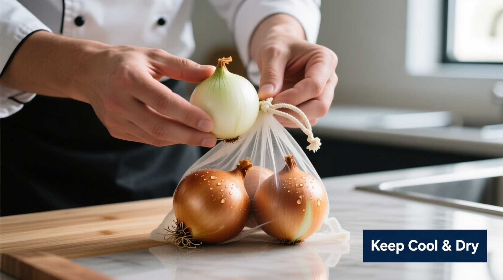 Chef's hands demonstrating proper onion storage technique