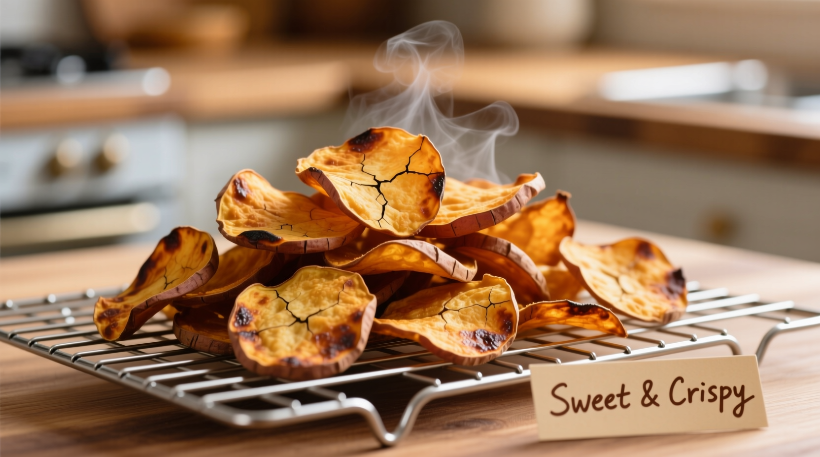 Crispy baked sweet potato chips on wire rack showing even browning