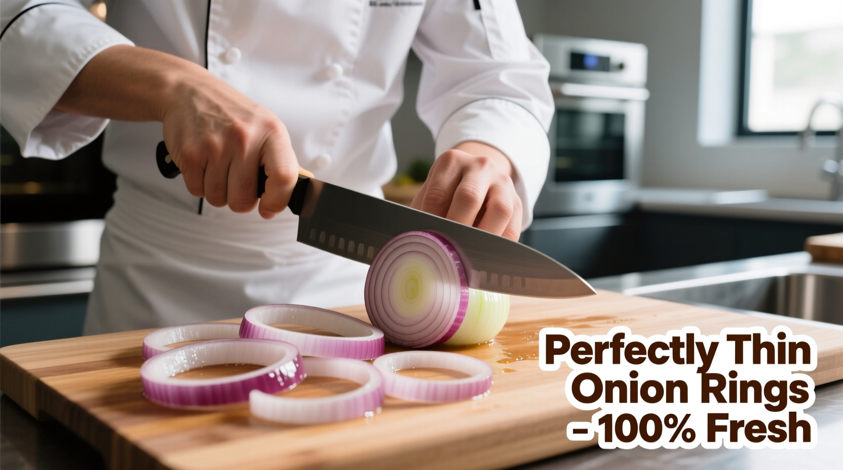 Chef slicing thin onion rings for hamburgers