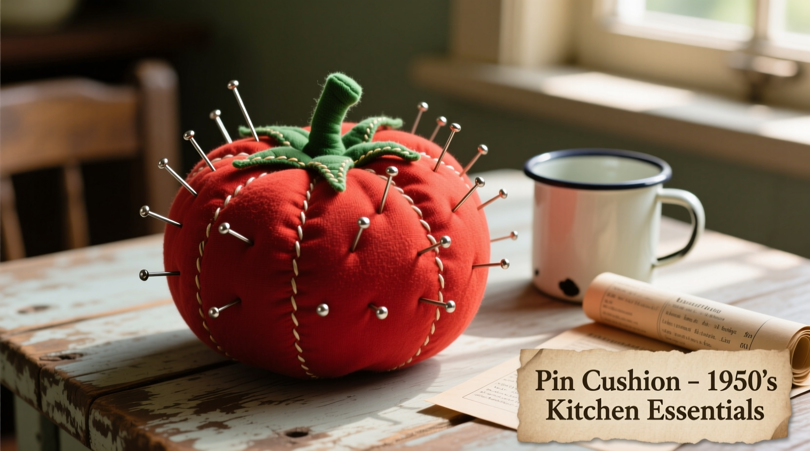 Vintage tomato pin cushion with steel needles