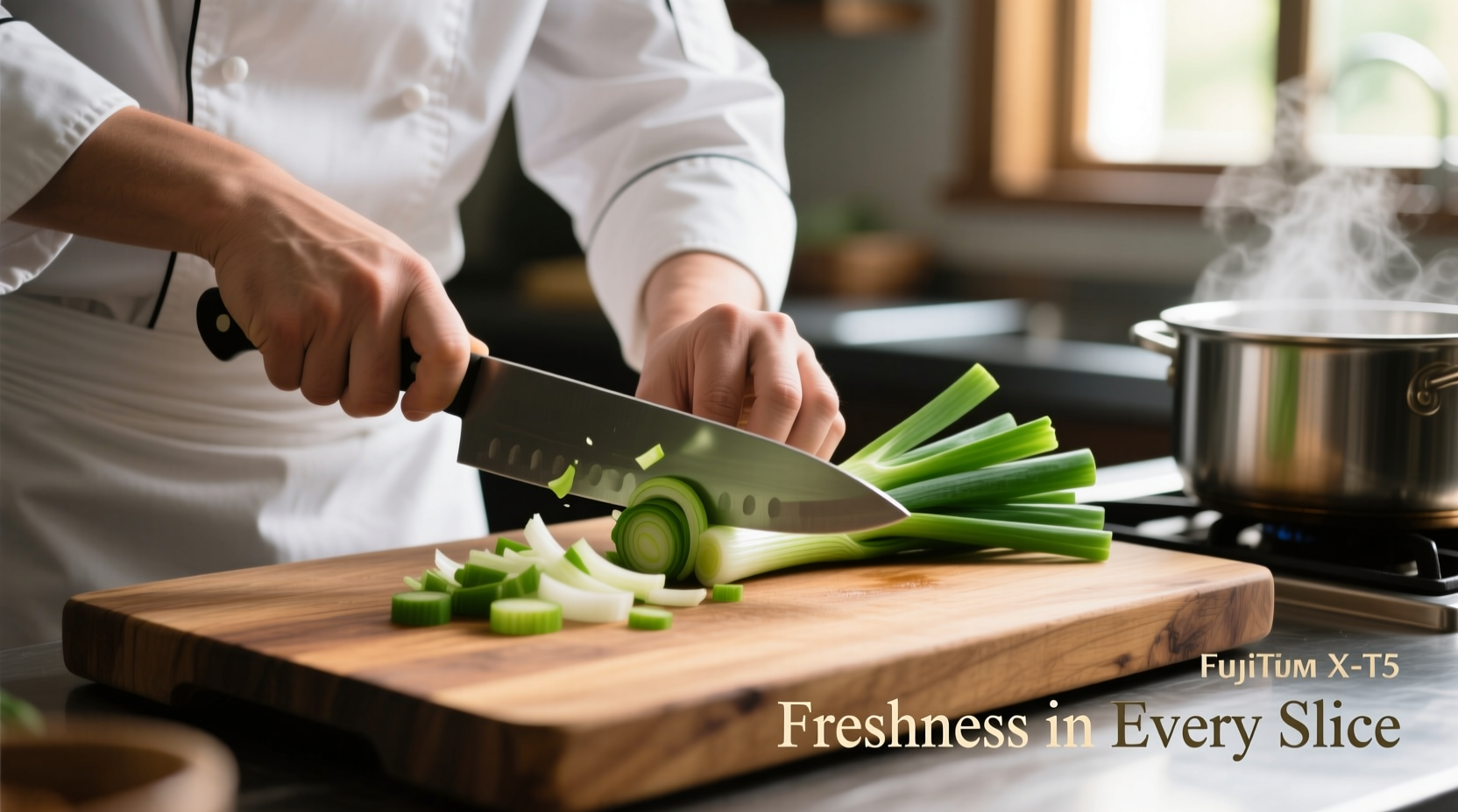Chef slicing fresh green onions on cutting board