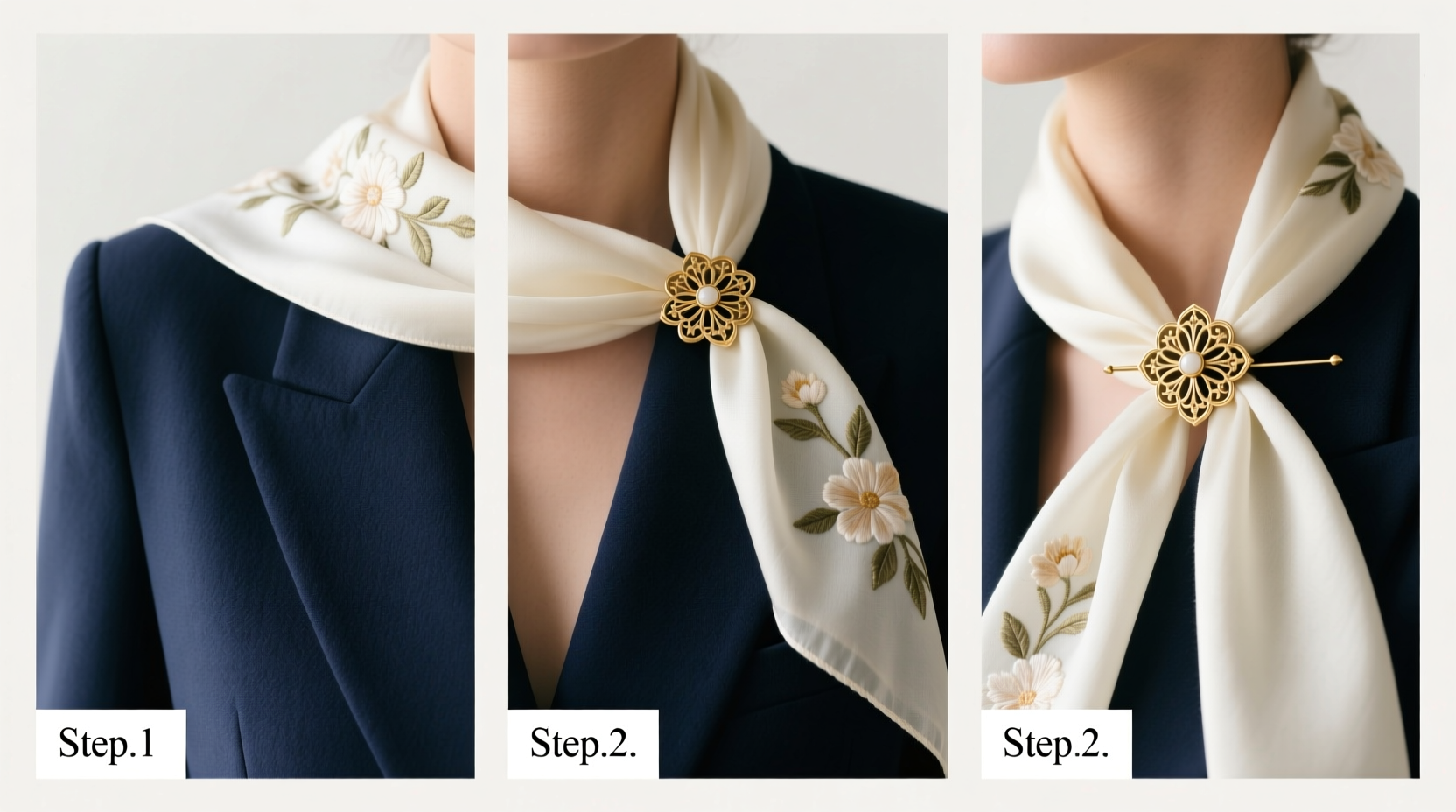 step by step guide to securing a scarf with a brooch buckle for elegant styling