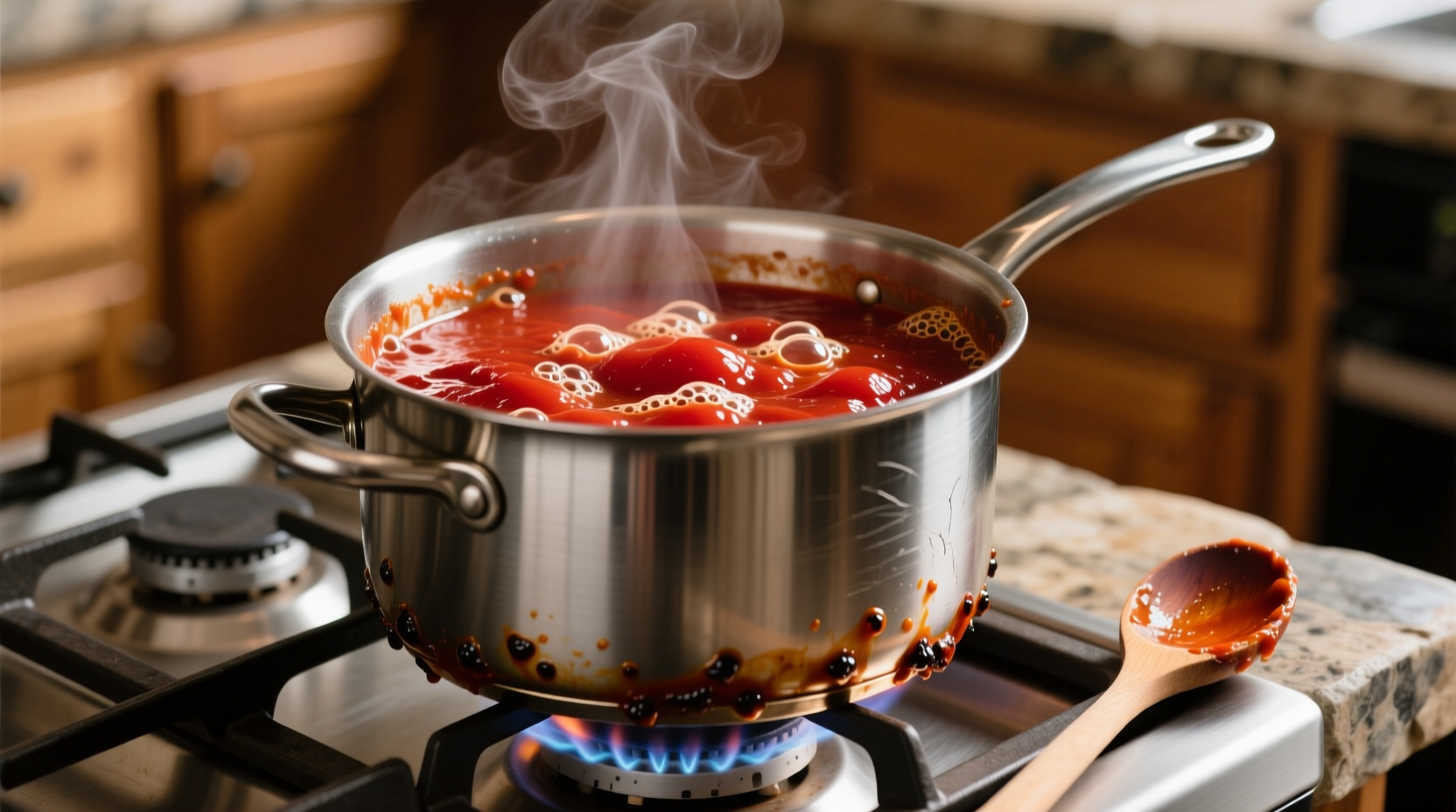 Homemade tomato paste simmering in stainless steel pot