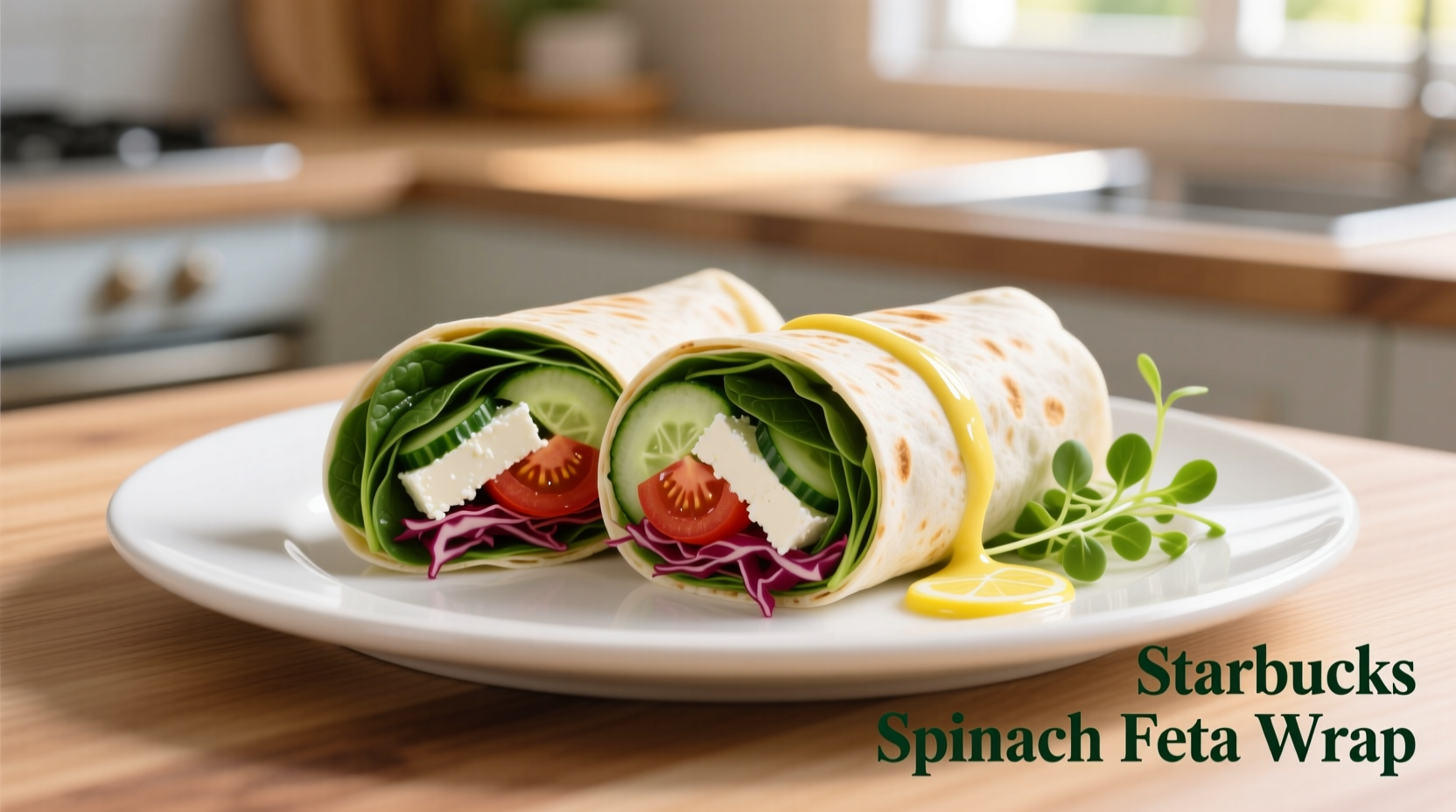 Starbucks Spinach Feta Wrap on white plate with fresh vegetables
