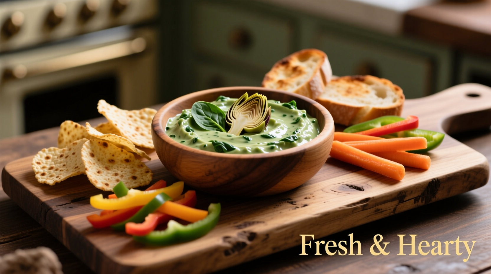 Spinach artichoke dip with assorted dippers on wooden board