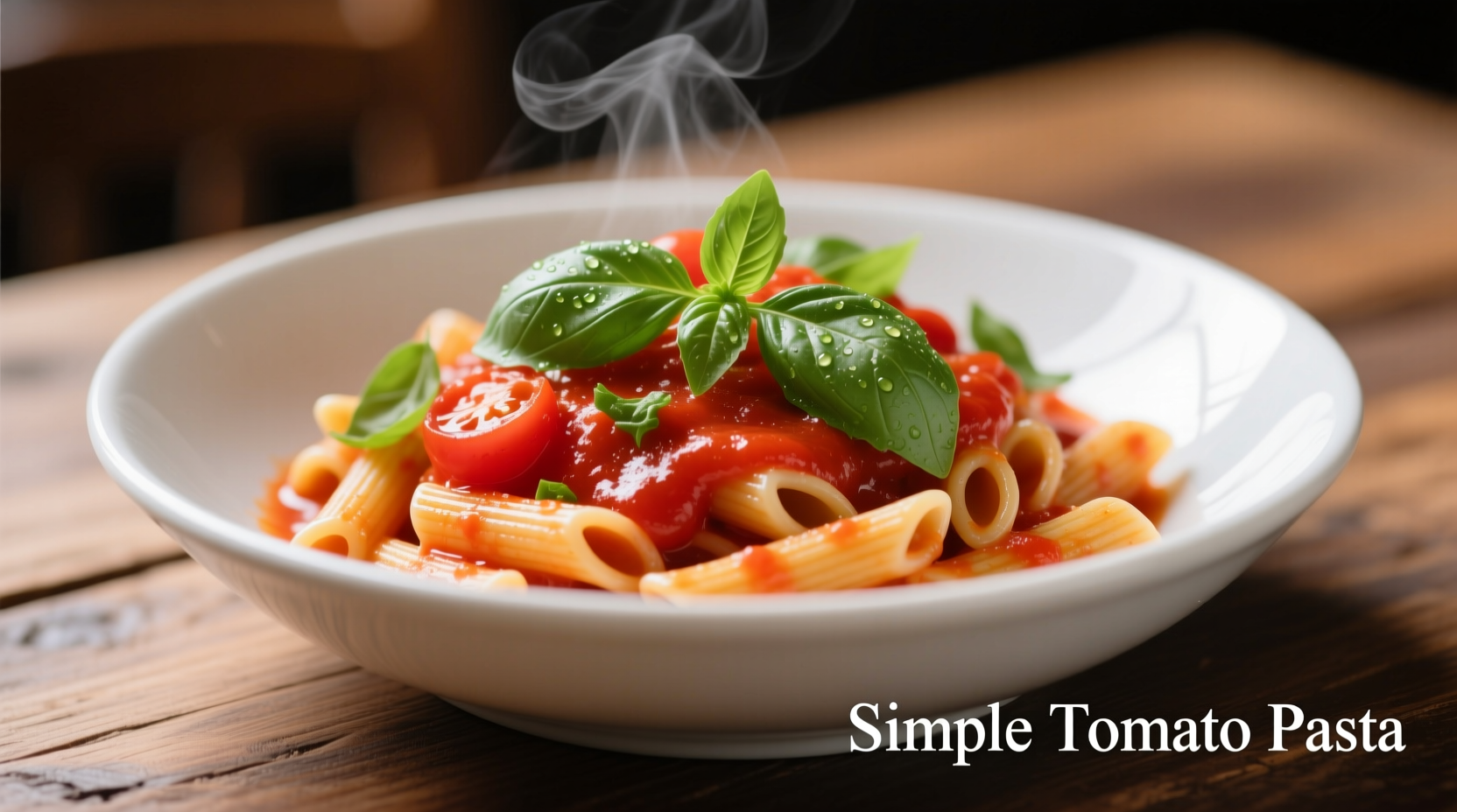 Simple tomato pasta in white bowl with fresh basil garnish