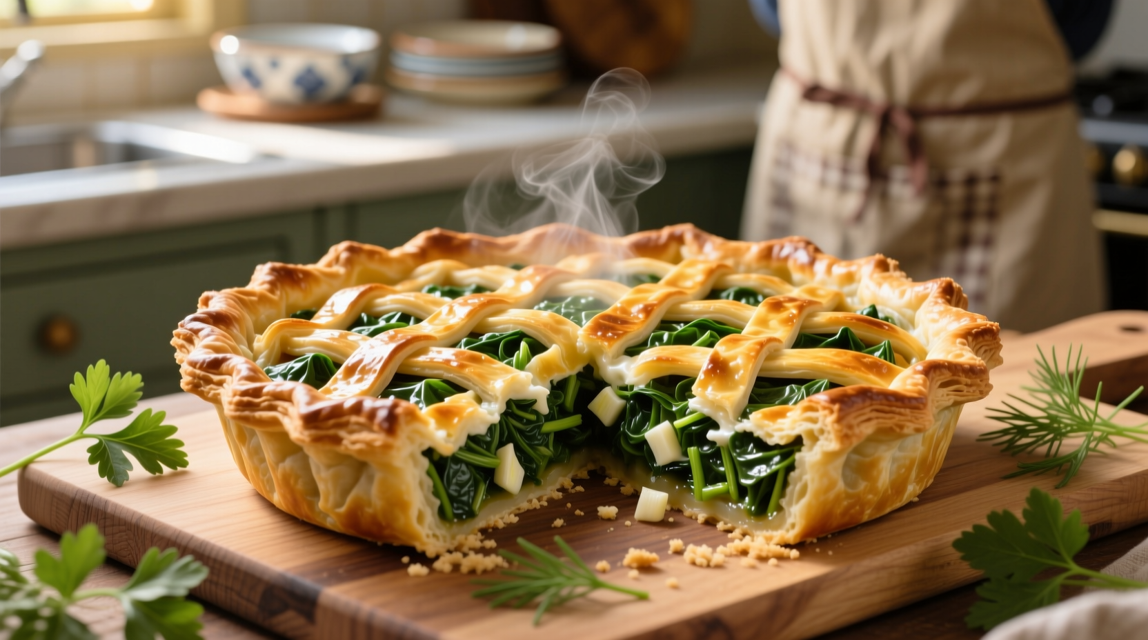 Golden spinach pie with flaky puff pastry crust