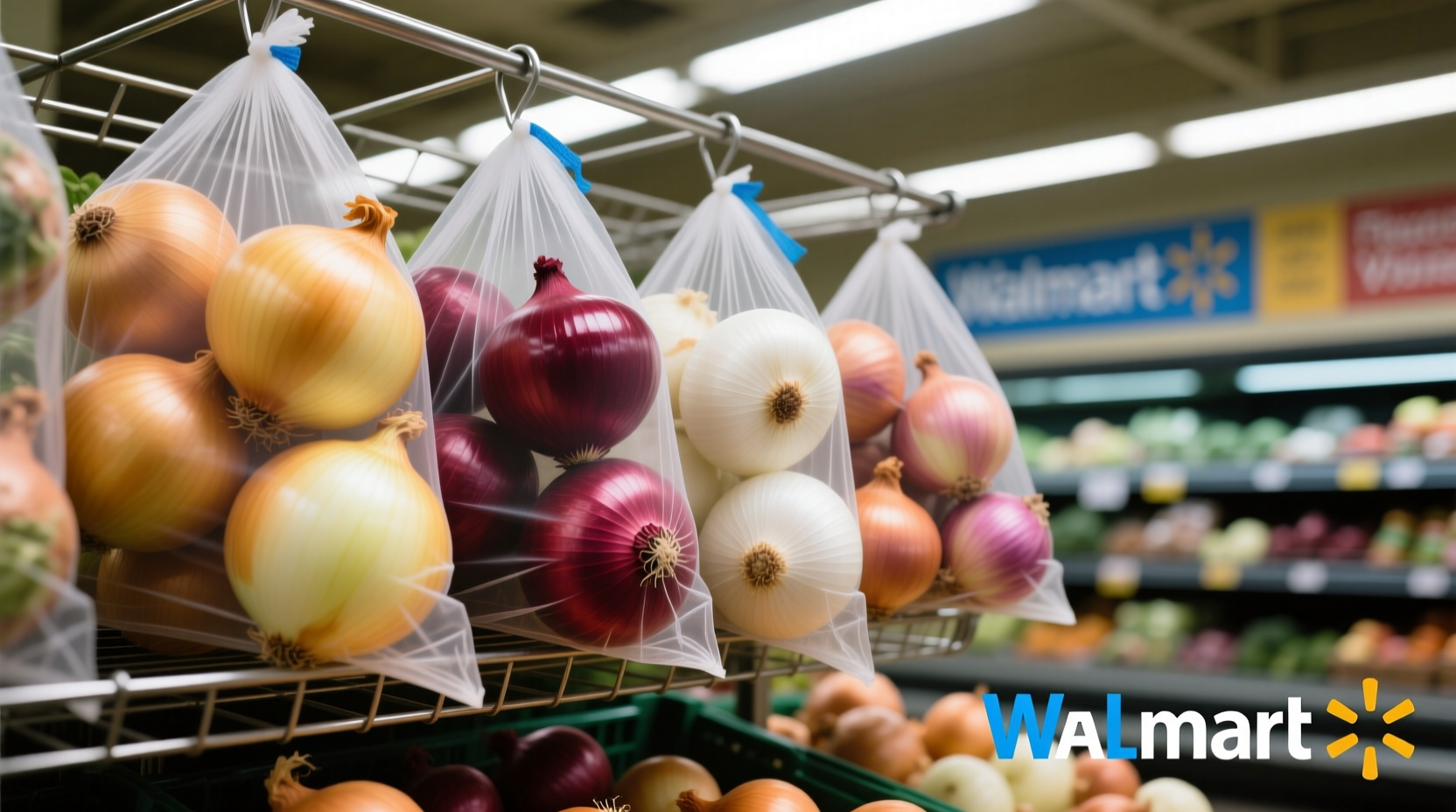 Walmart produce section displaying various onion varieties in mesh bags
