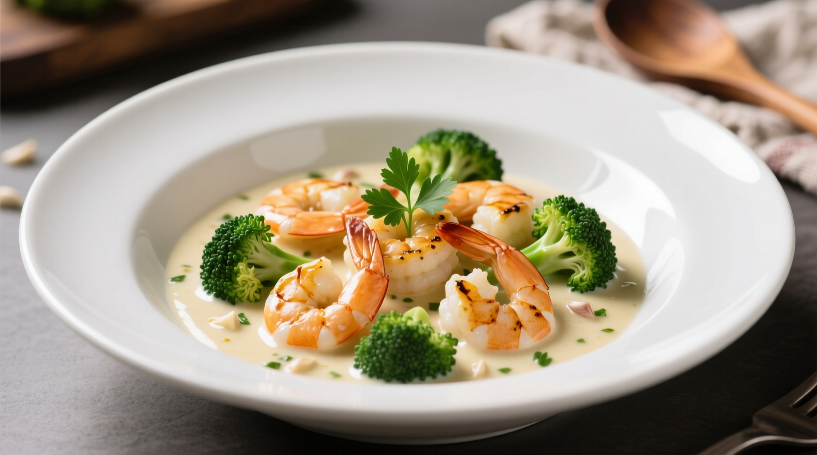 Perfect shrimp broccoli garlic sauce in white bowl