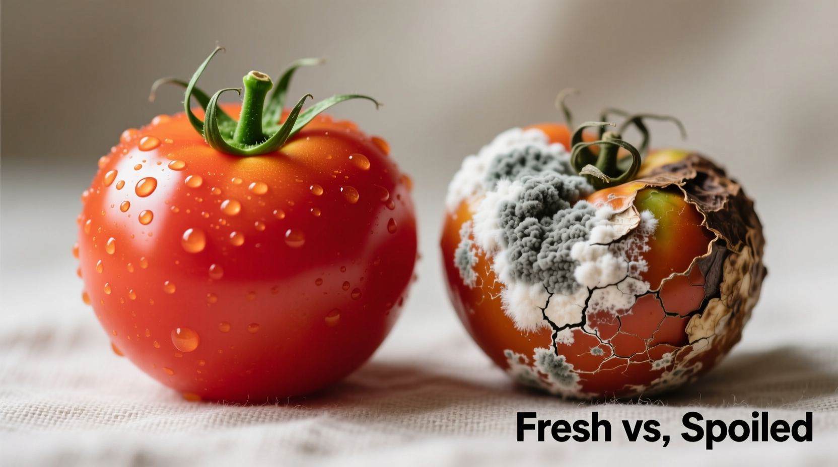 Close-up of fresh versus spoiled tomatoes side by side