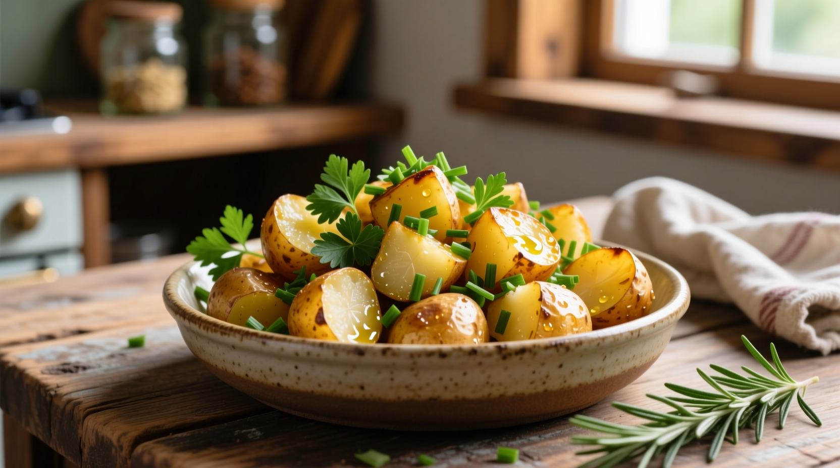 Golden roasted potato cubes with fresh herbs