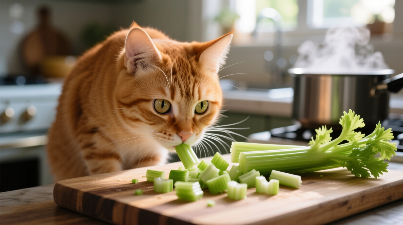 Cat cautiously sniffing chopped celery pieces