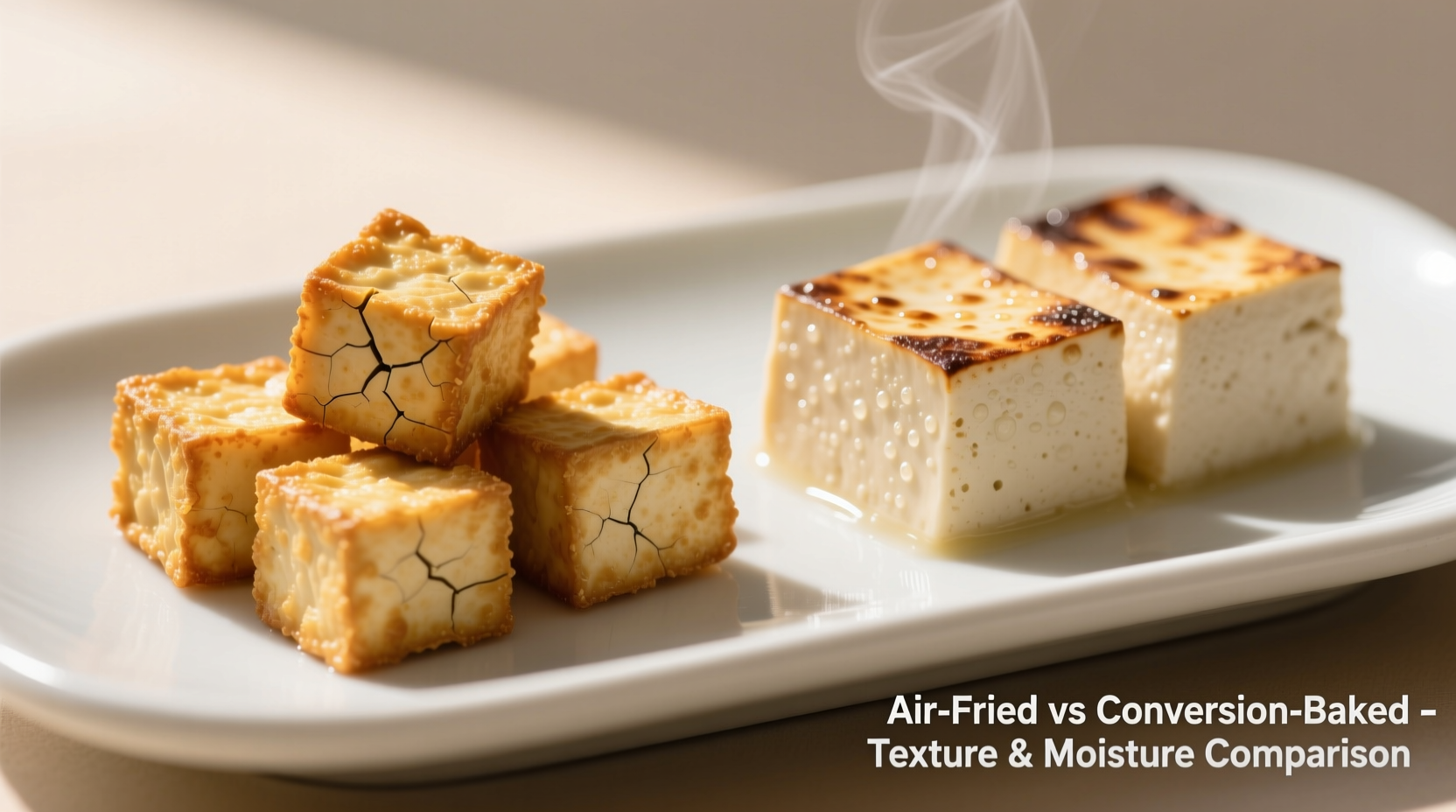 Side-by-side comparison of air-fried tofu cubes showing golden, shatter-crisp edges versus convection-baked tofu with uneven browning and slight curling